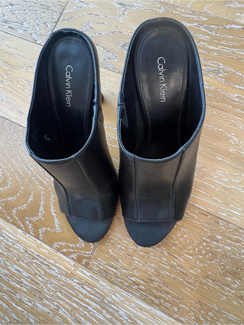 Calvin Klein Black Open-Toe Leather Mules